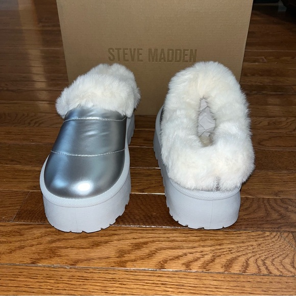 Steve Madden Unite Faux Fur Platform Clogs Metallic Silver & White Women’s 10 - Picture 9 of 14